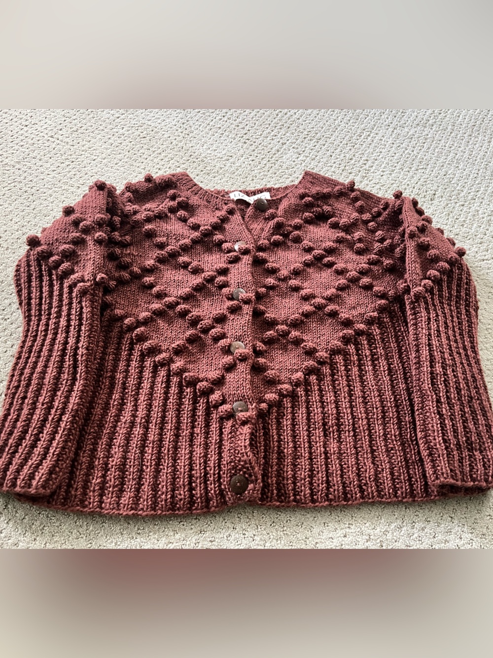 Liz Alig Textured Bobble Knit Cardigan Sweater - Rust Brown
